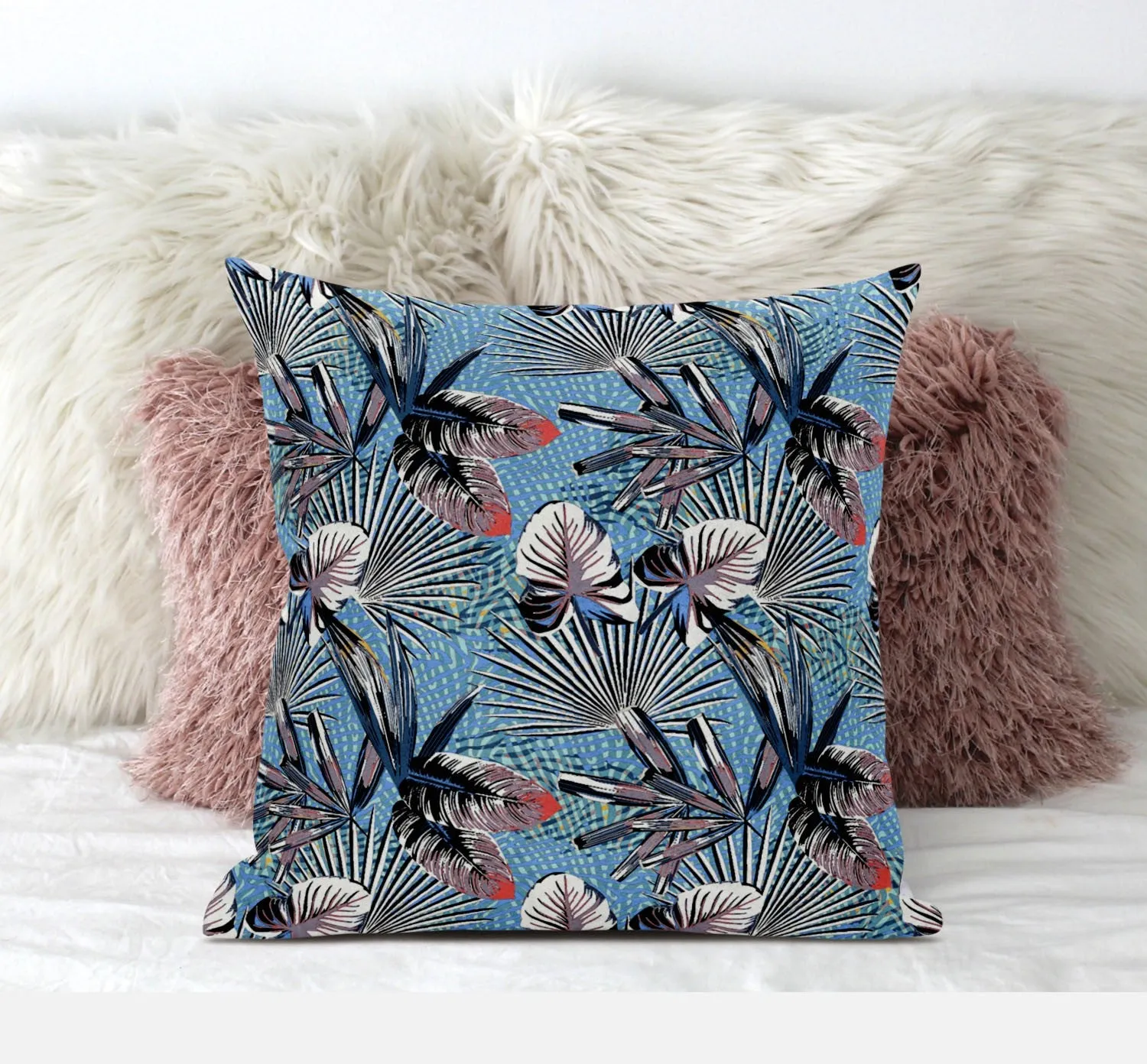 20” Black Blue Tropical Zippered Suede Throw Pillow