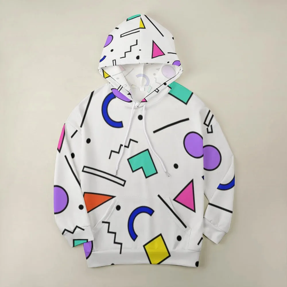 90s White Design Pattern Dropped Sleeve Hoodie