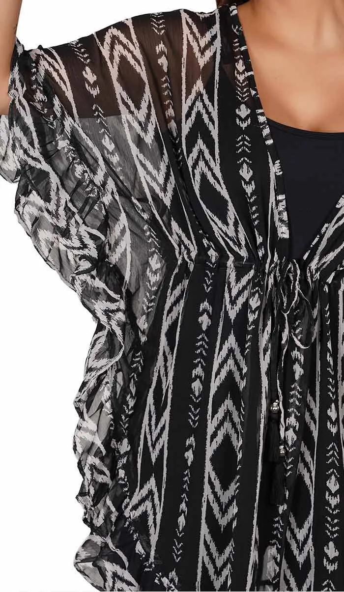 Abstract Print Black Kaftan Swim Cover-Up Beach Dress