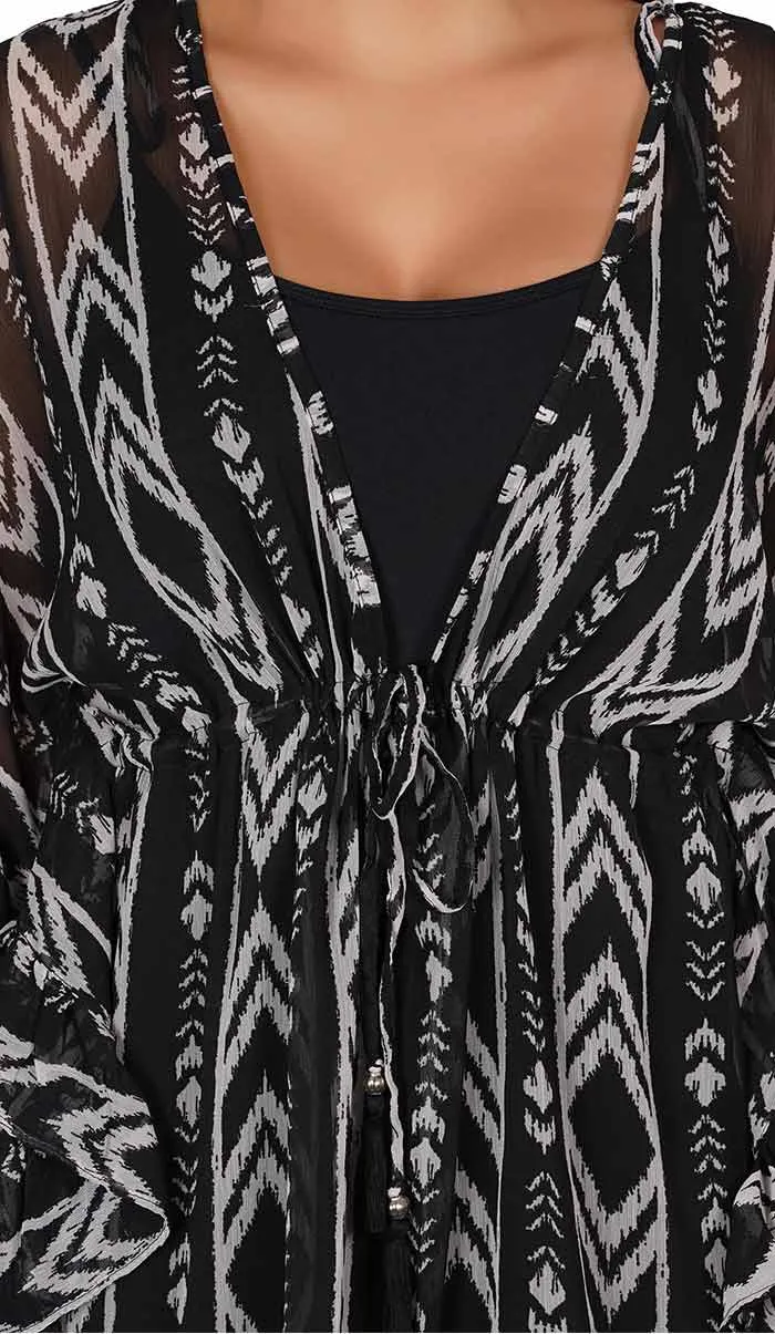 Abstract Print Black Kaftan Swim Cover-Up Beach Dress