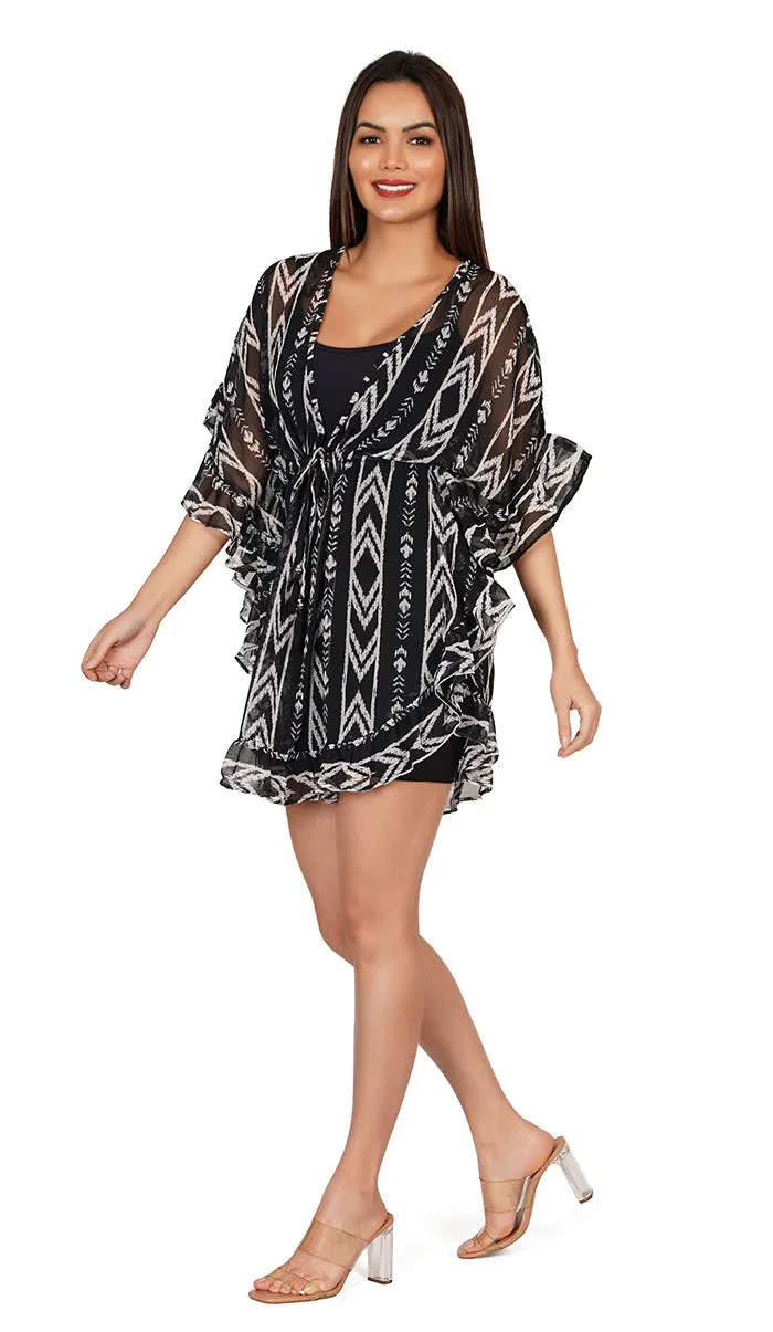 Abstract Print Black Kaftan Swim Cover-Up Beach Dress