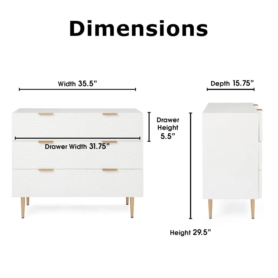 Adore Decor Jolie Contemporary 3-Drawer Dresser with Gold Metal Accents Adore Decor