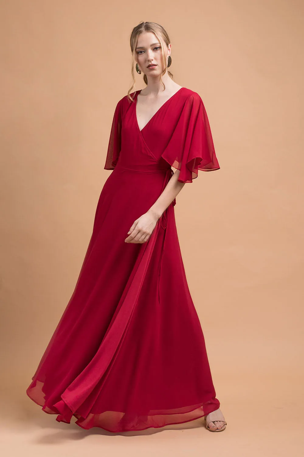 AGATHA Wrap Chiffon Maxi Dress with Wide Sleeves (Maroon Chiffon)