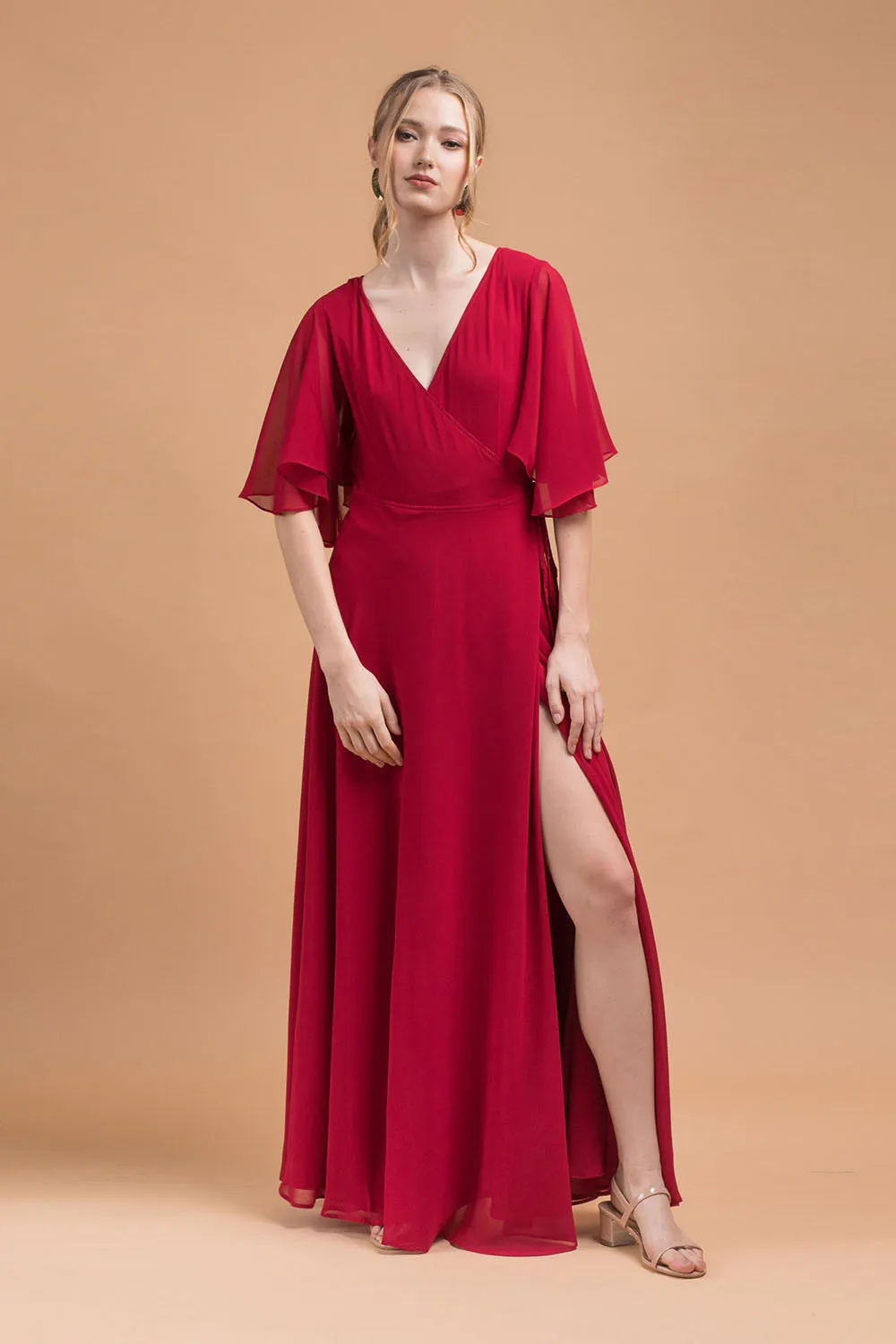 AGATHA Wrap Chiffon Maxi Dress with Wide Sleeves (Maroon Chiffon)