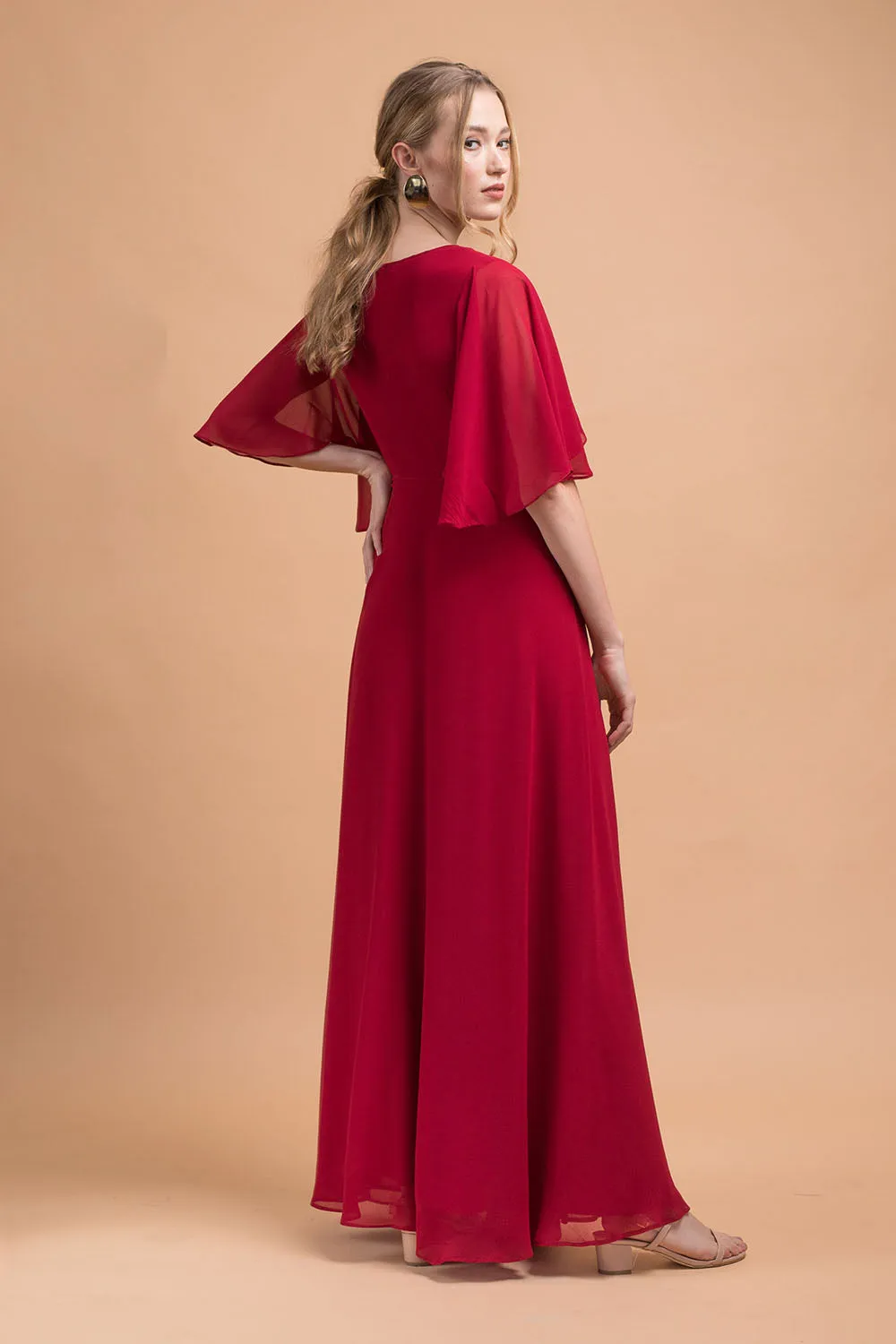 AGATHA Wrap Chiffon Maxi Dress with Wide Sleeves (Maroon Chiffon)