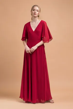 AGATHA Wrap Chiffon Maxi Dress with Wide Sleeves (Maroon Chiffon)