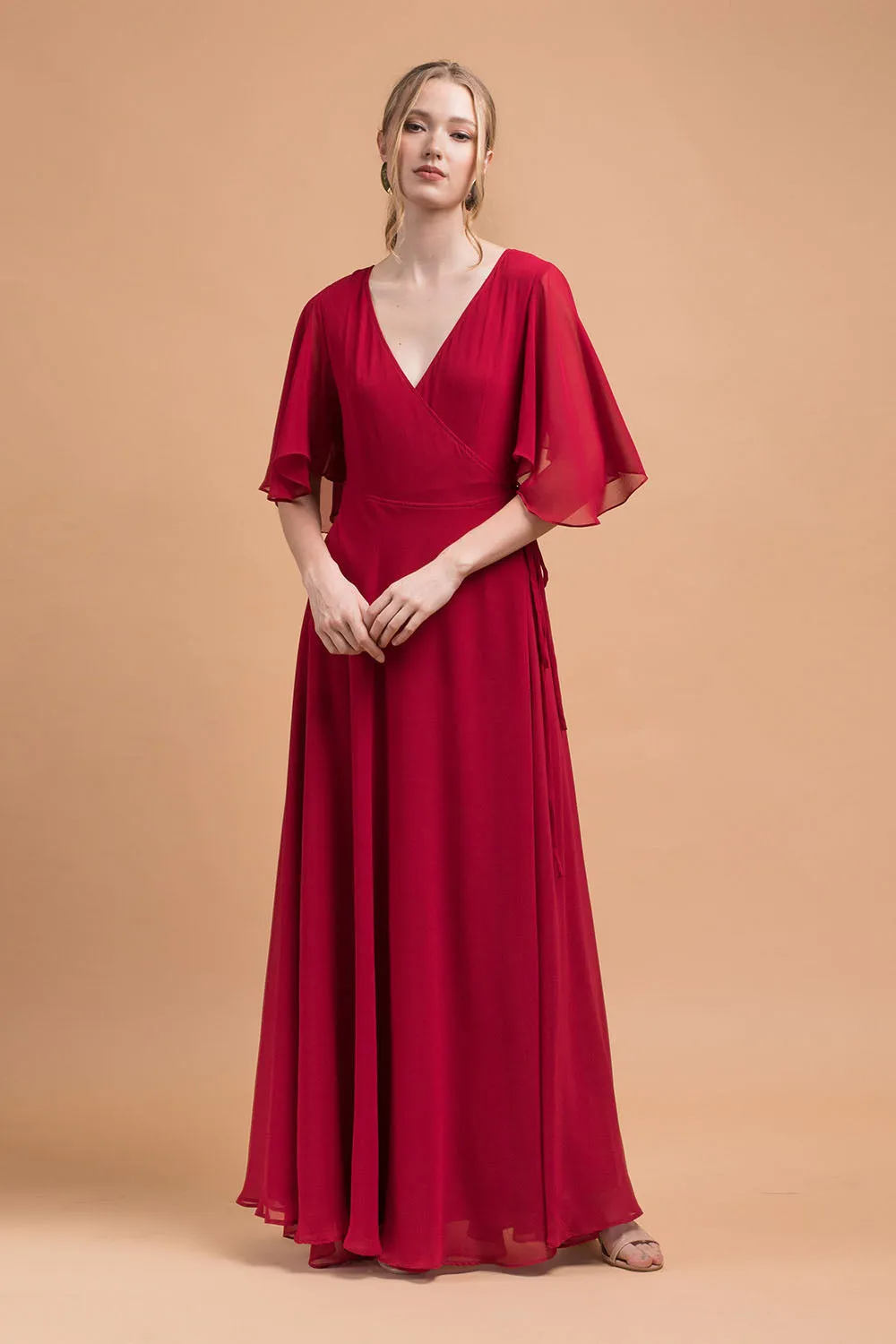 AGATHA Wrap Chiffon Maxi Dress with Wide Sleeves (Maroon Chiffon)