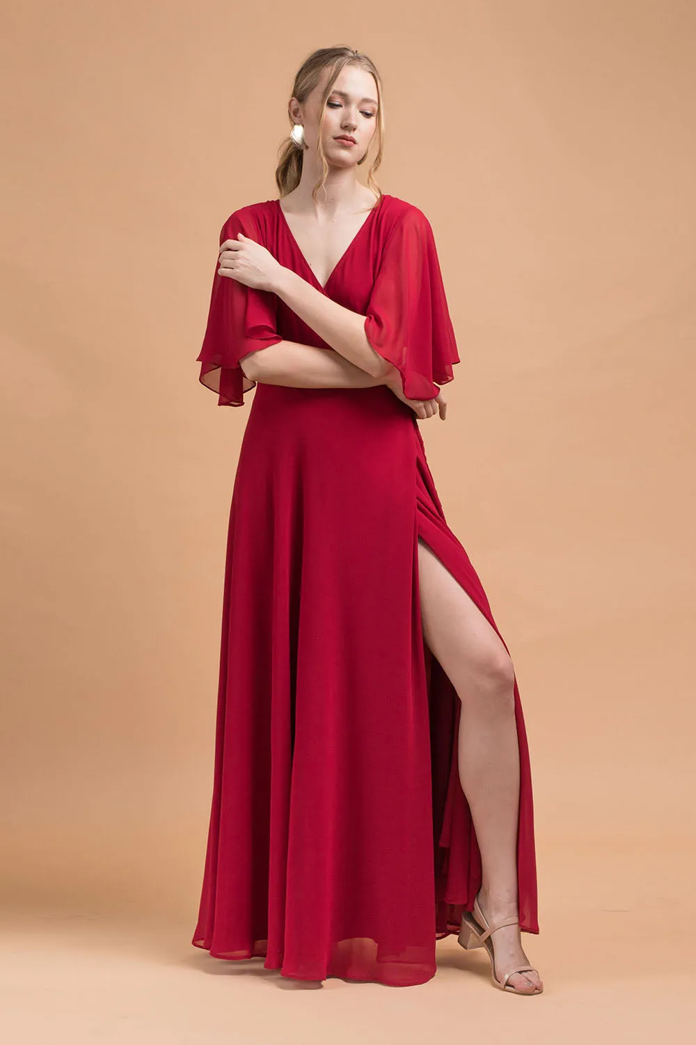 AGATHA Wrap Chiffon Maxi Dress with Wide Sleeves (Maroon Chiffon)