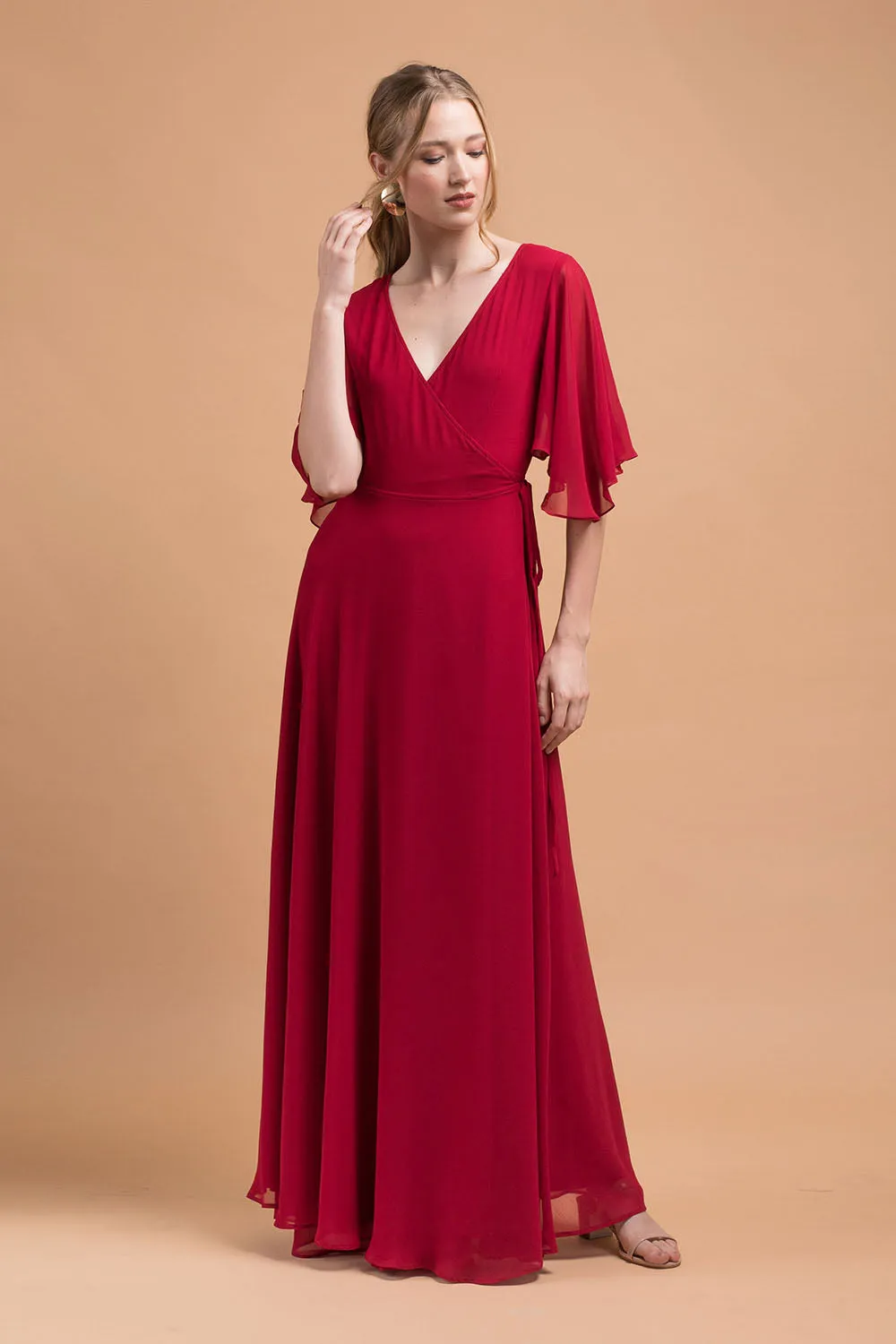 AGATHA Wrap Chiffon Maxi Dress with Wide Sleeves (Maroon Chiffon)