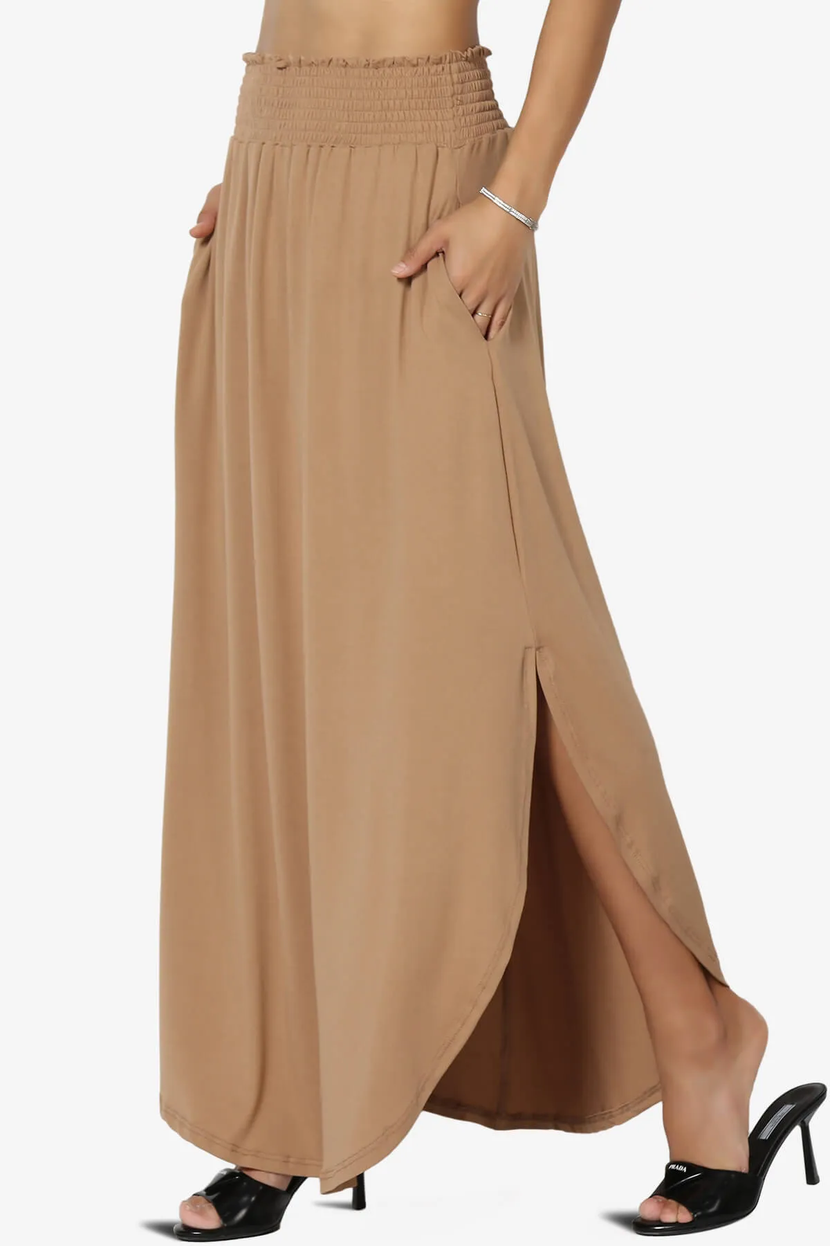 Alisah Smocked Waist Pocket Slit Maxi Skirt PLUS