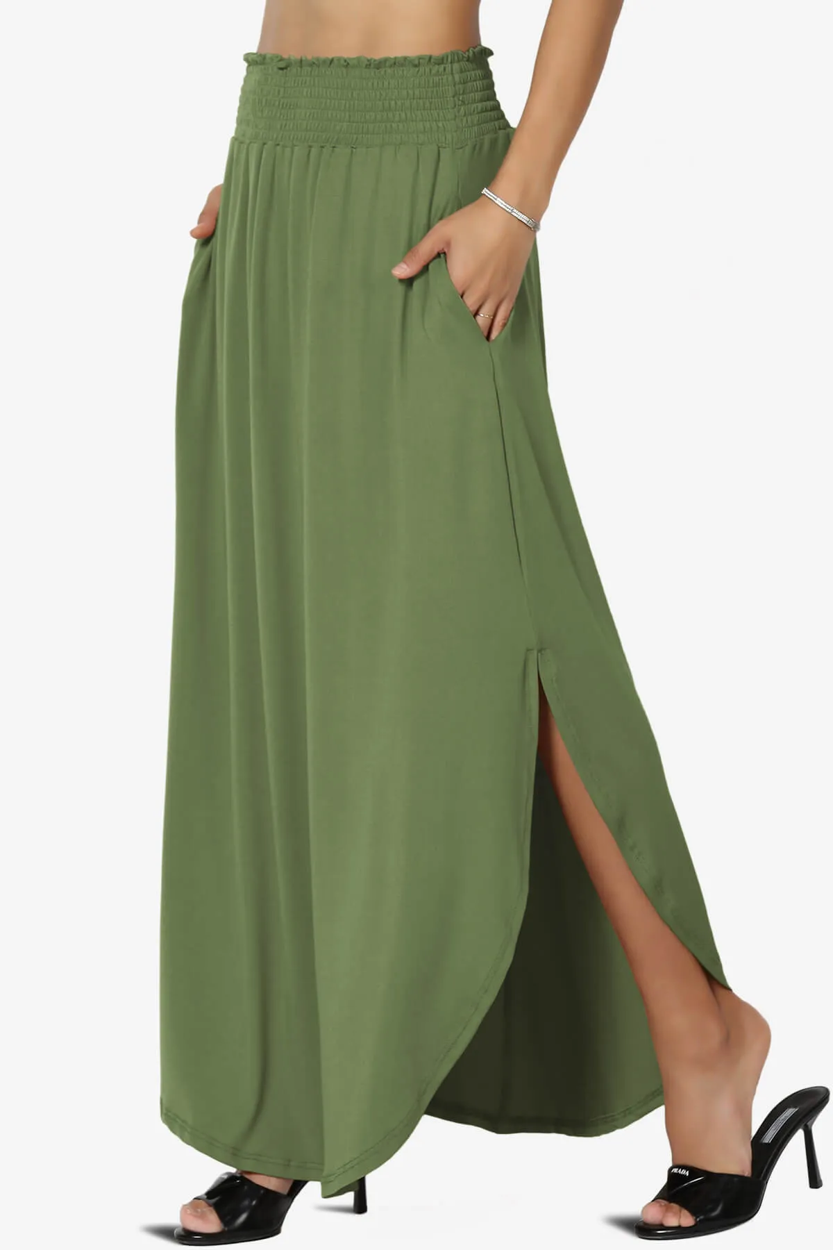 Alisah Smocked Waist Pocket Slit Maxi Skirt PLUS