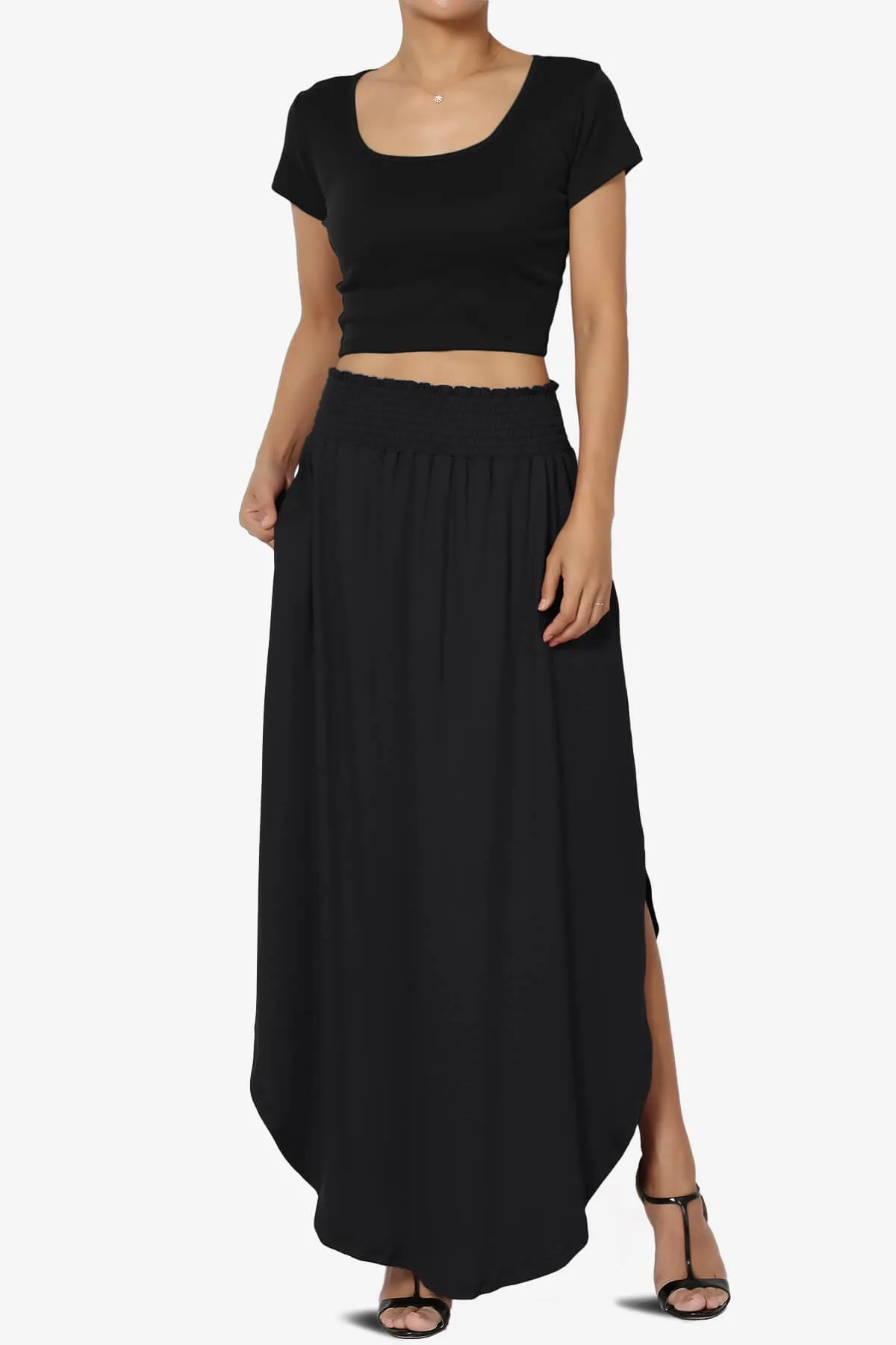 Alisah Smocked Waist Pocket Slit Maxi Skirt PLUS