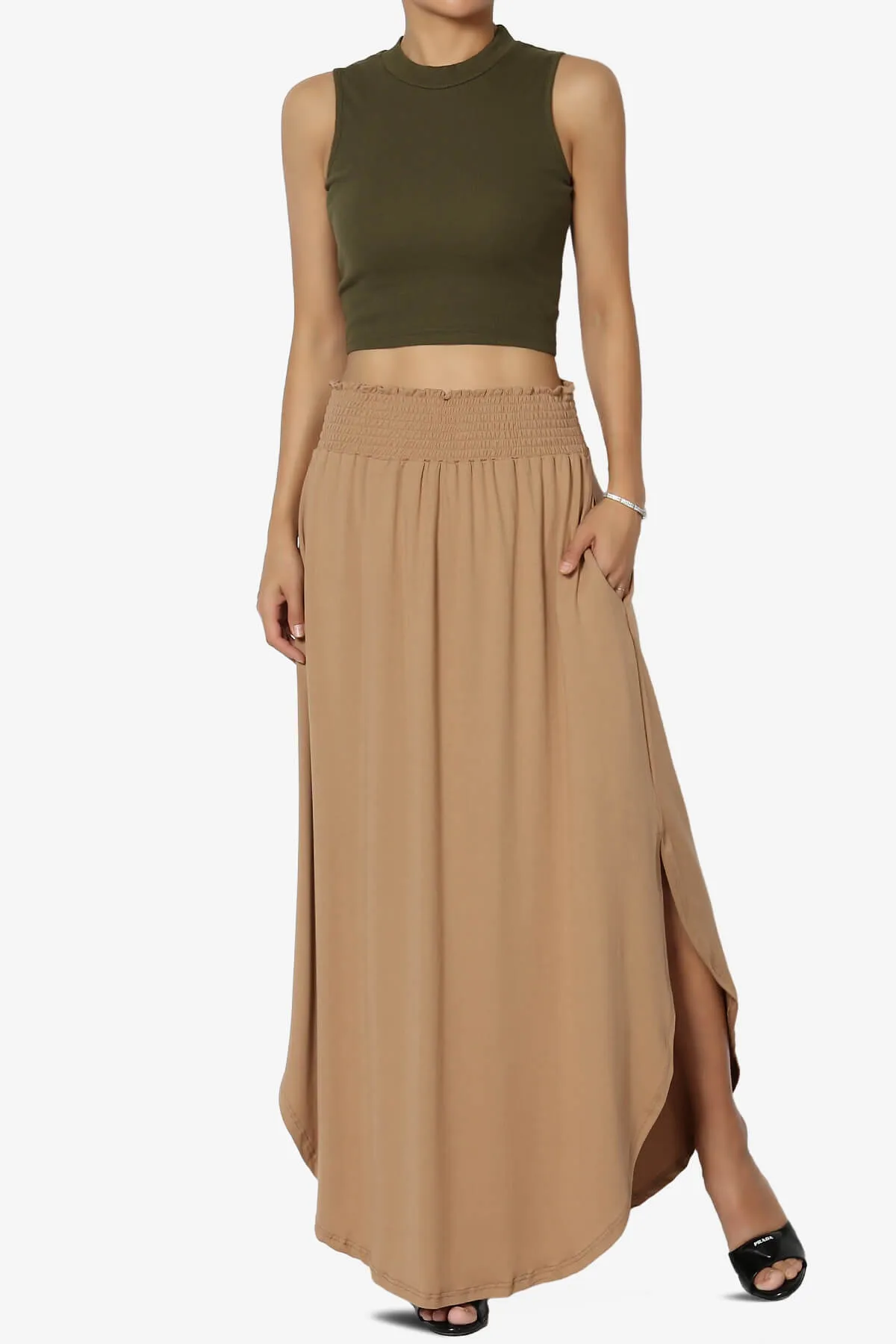 Alisah Smocked Waist Pocket Slit Maxi Skirt PLUS