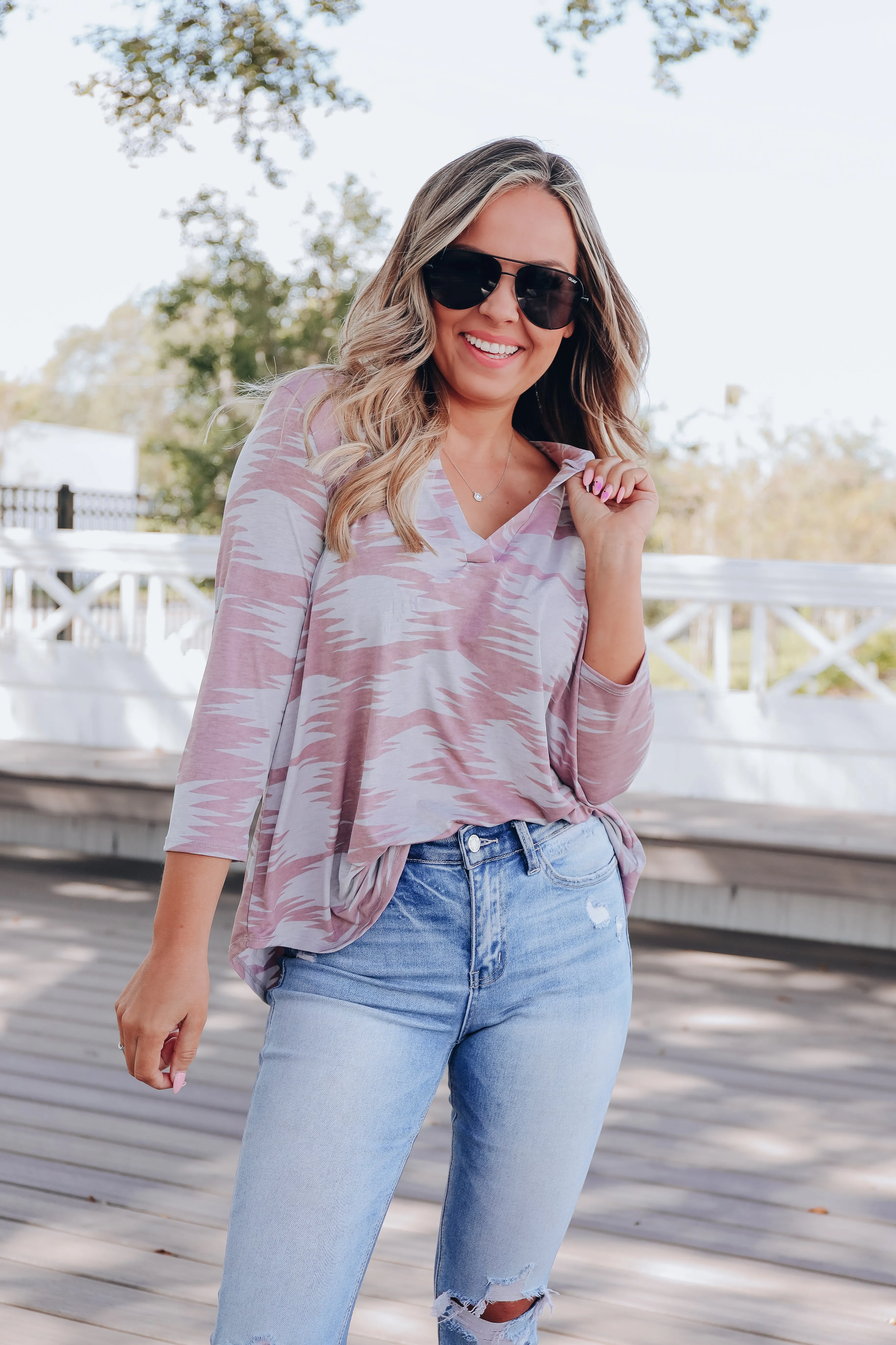 Anika Aztec Print V-Neck Top - Mauve/Grey