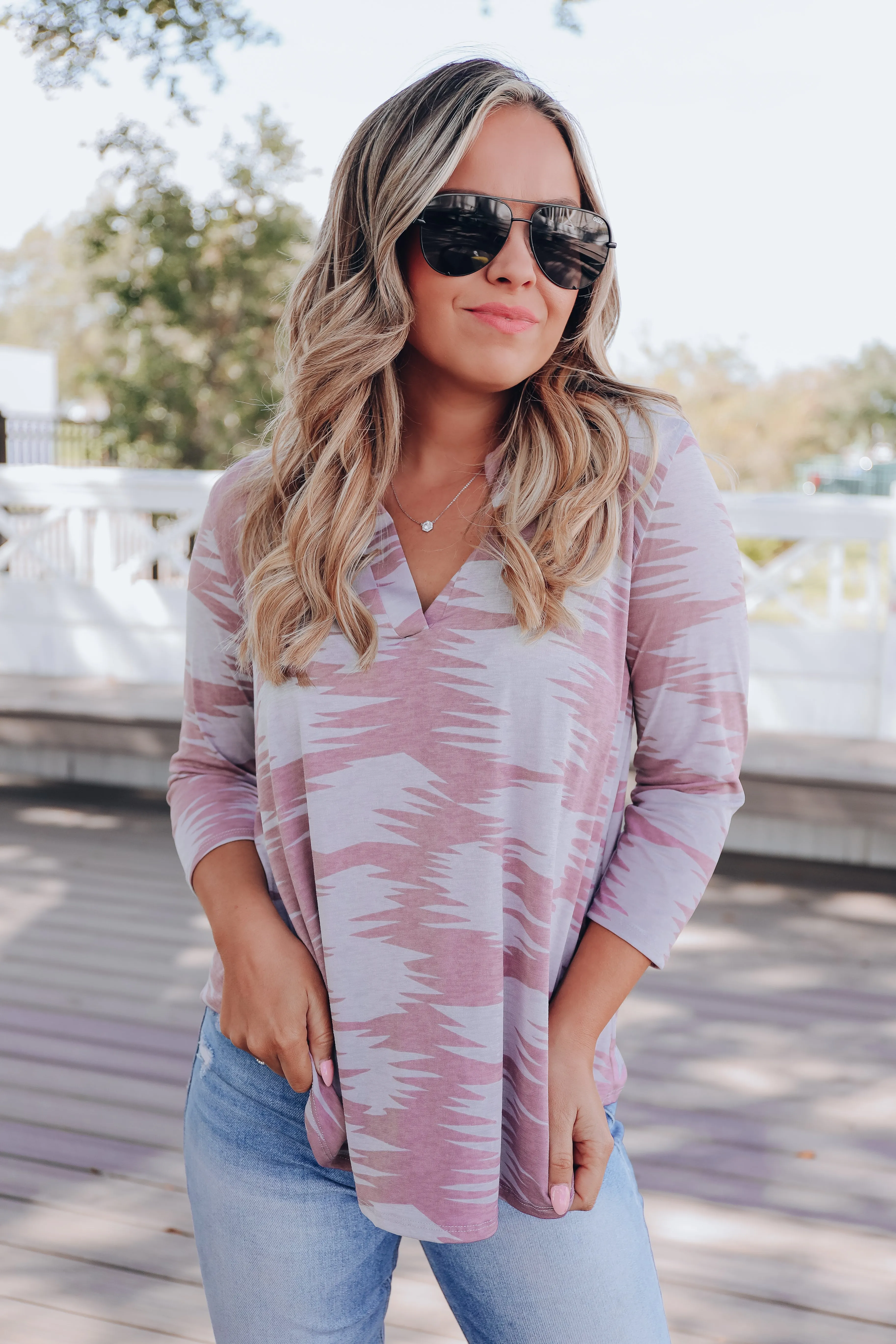Anika Aztec Print V-Neck Top - Mauve/Grey