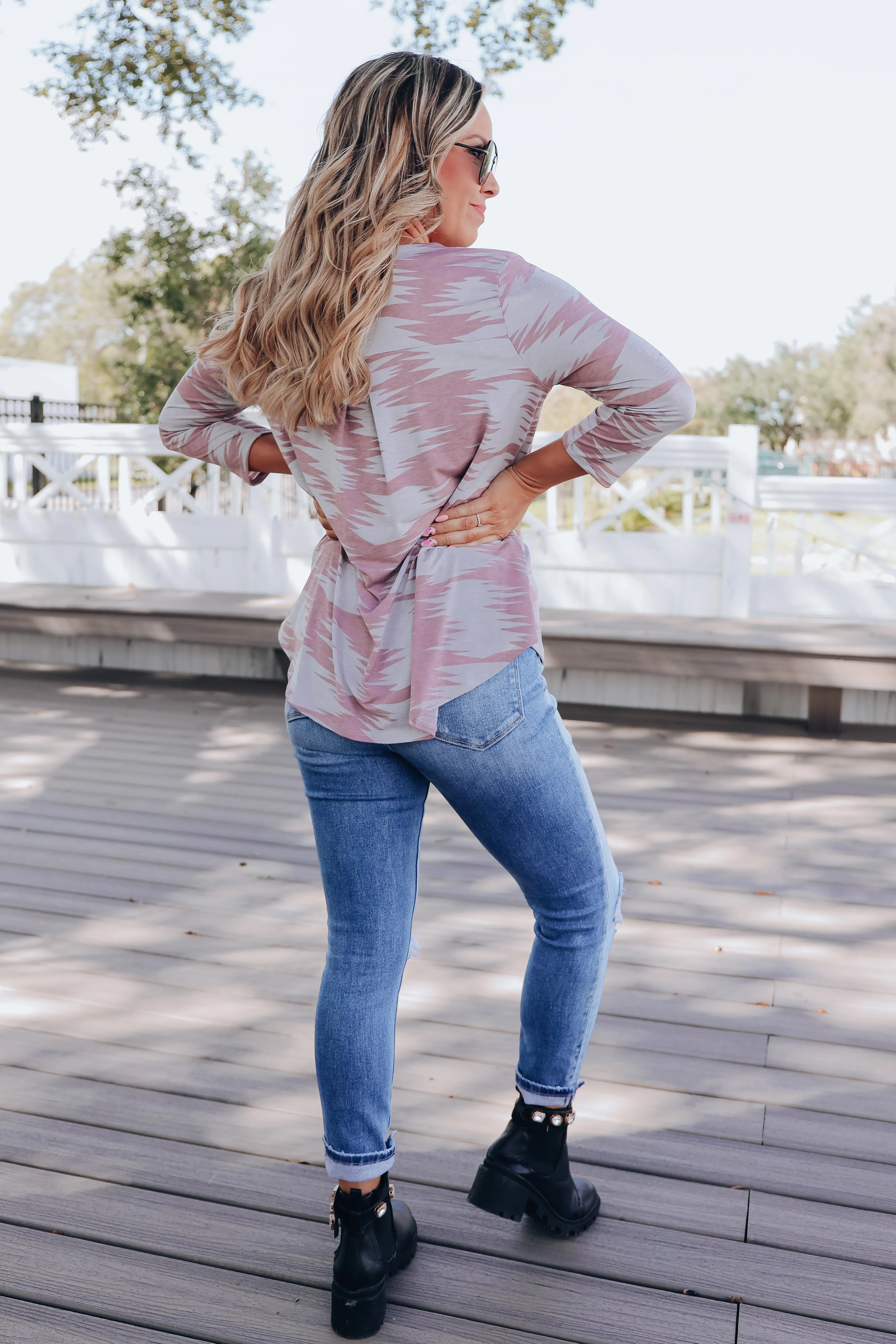 Anika Aztec Print V-Neck Top - Mauve/Grey
