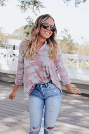 Anika Aztec Print V-Neck Top - Mauve/Grey