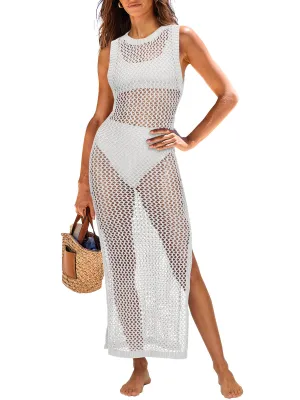 ANRABESS Womens Swimsuit Cover Up Sleeveless Hollow Knit Bikini Swimwear Bathing Suit Coverup Crochet Beach Dress White