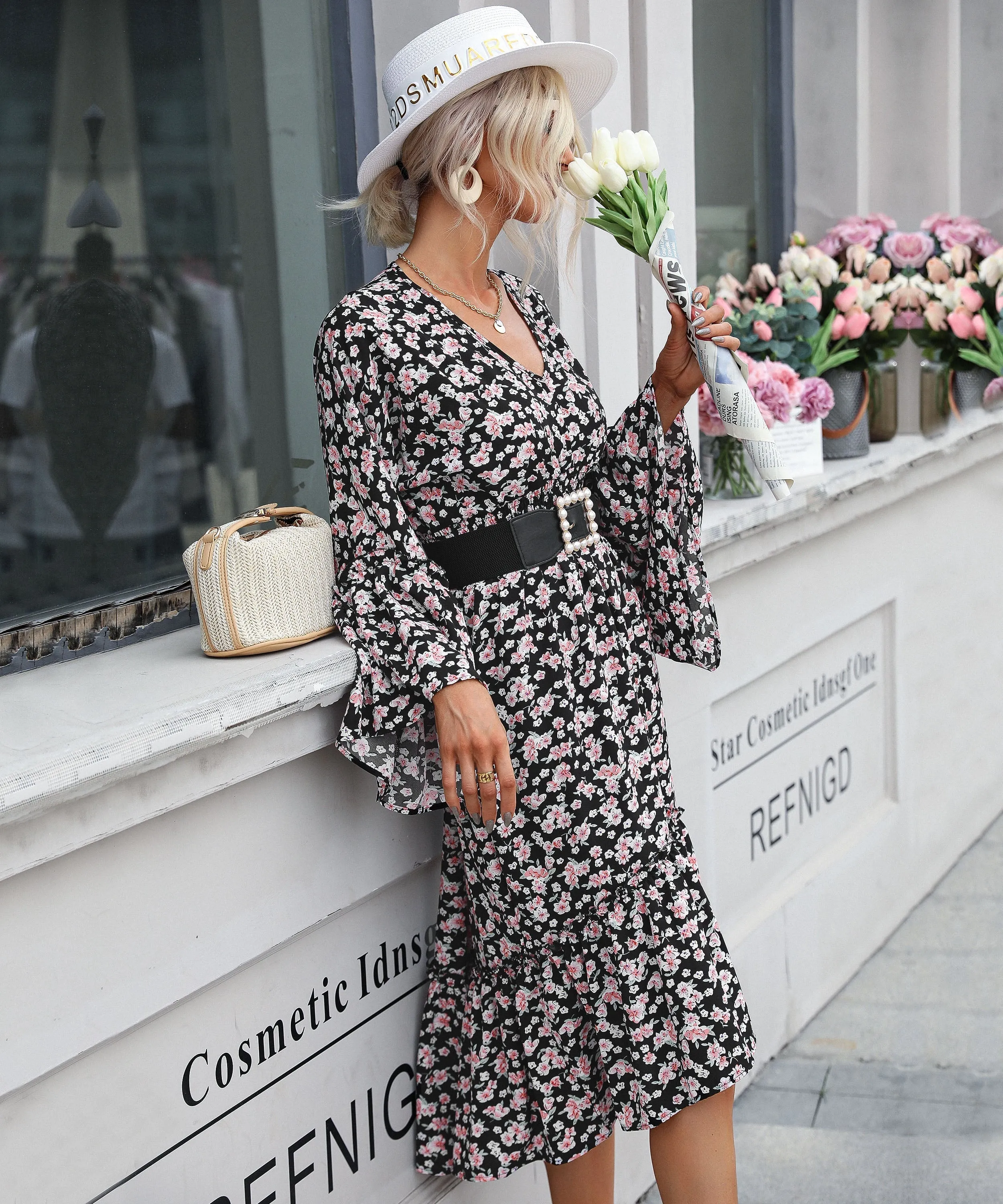 Anthem Flared Sleeve Midi Dress - Black