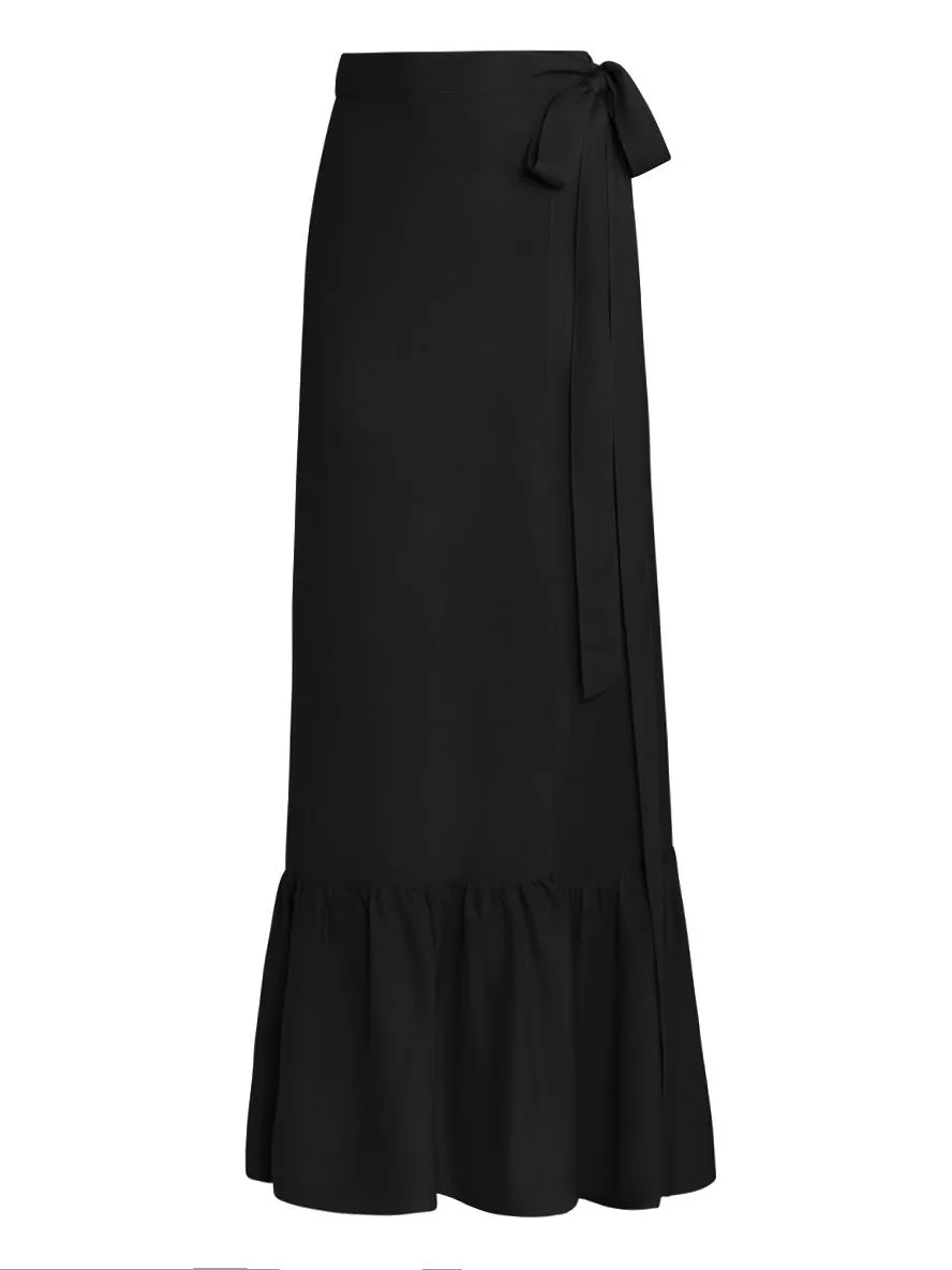 Aura Ruffle Pareo Wrap Maxi Skirt in Bamboo Crepe - Black
