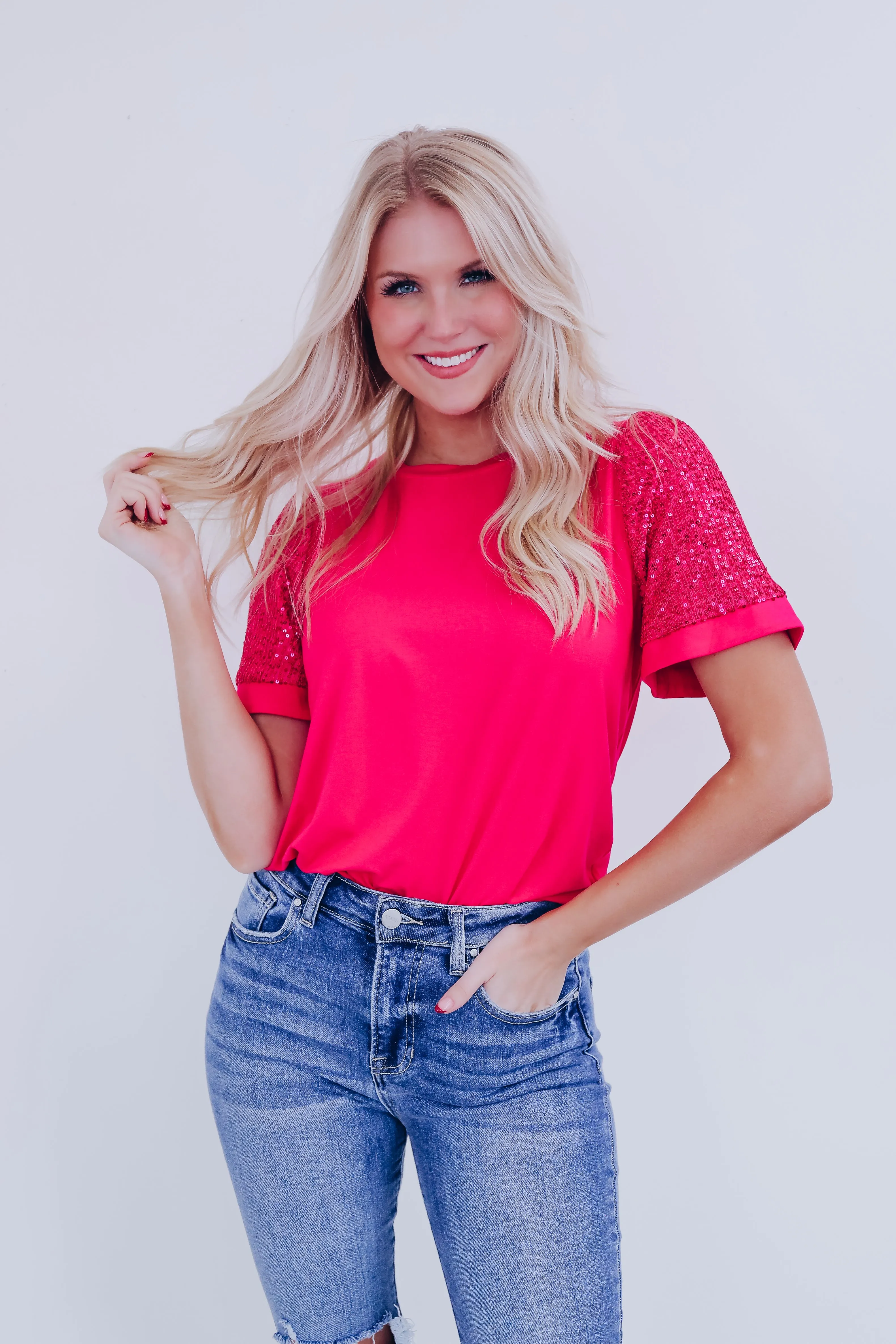Avana Elevated Sequin Sleeve Top - Pink