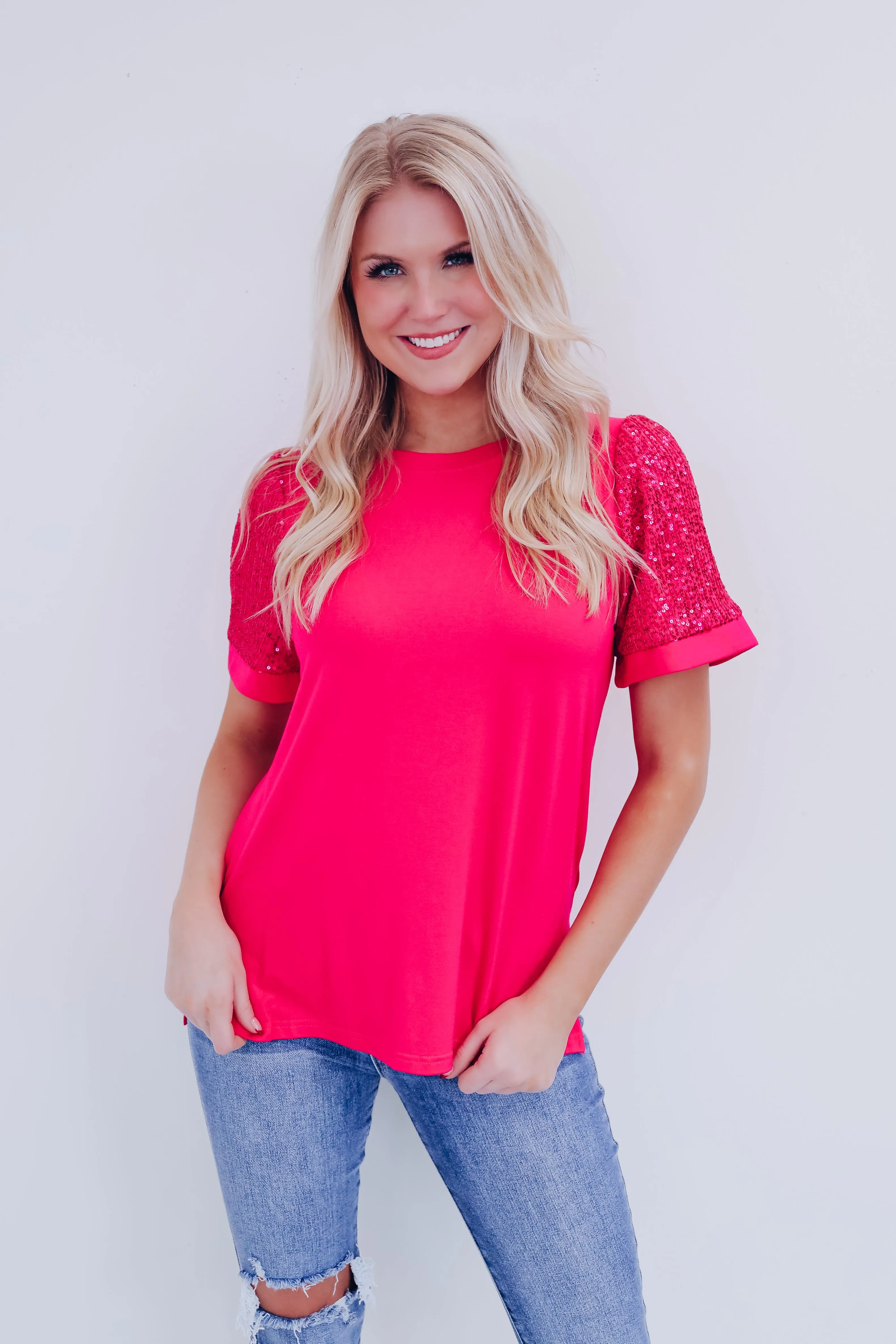 Avana Elevated Sequin Sleeve Top - Pink