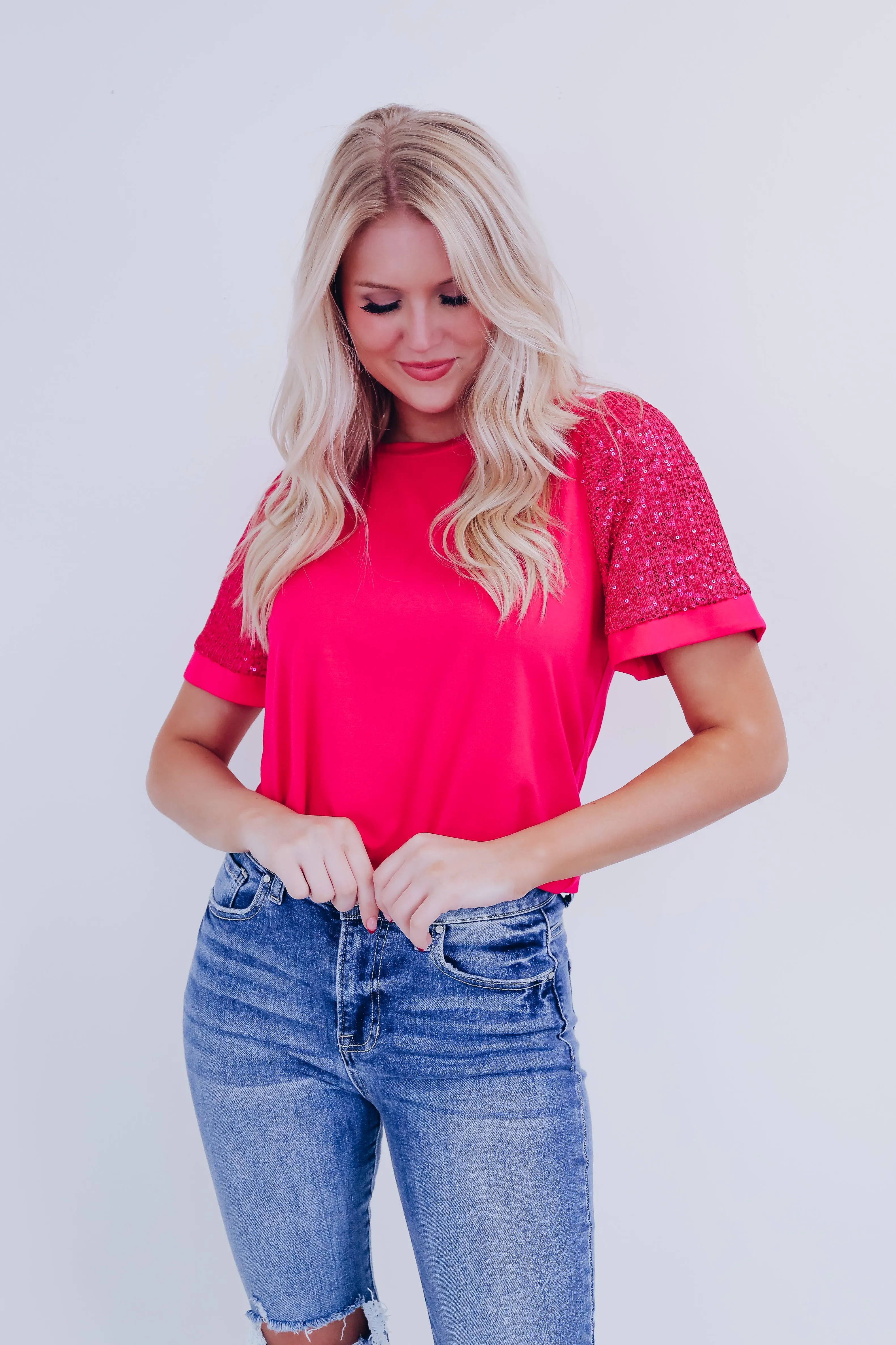 Avana Elevated Sequin Sleeve Top - Pink