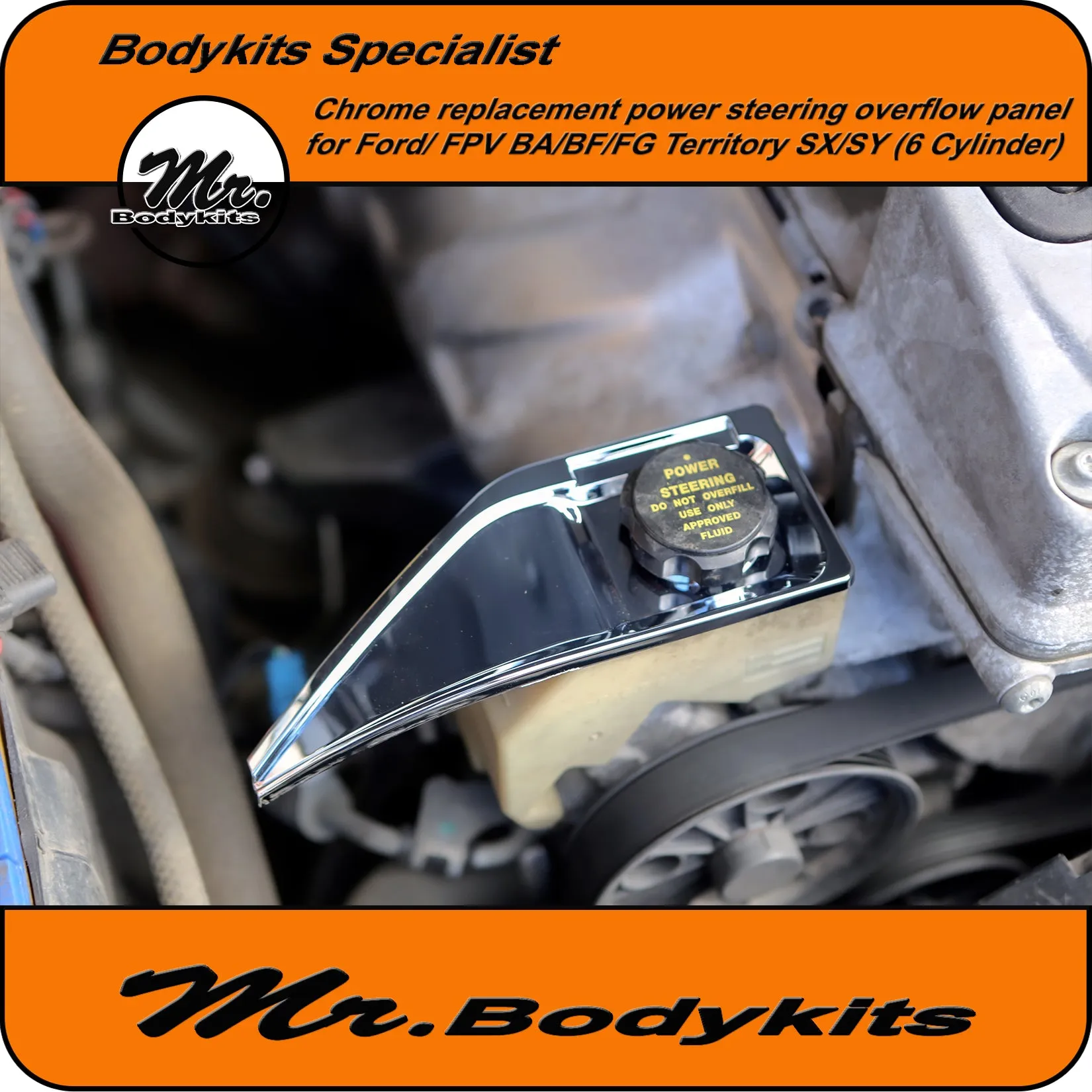 BA/BF/FG Falcon/FPV Territory SX/SY Chrome power steering fluid overflow panel (6 Cylinder)