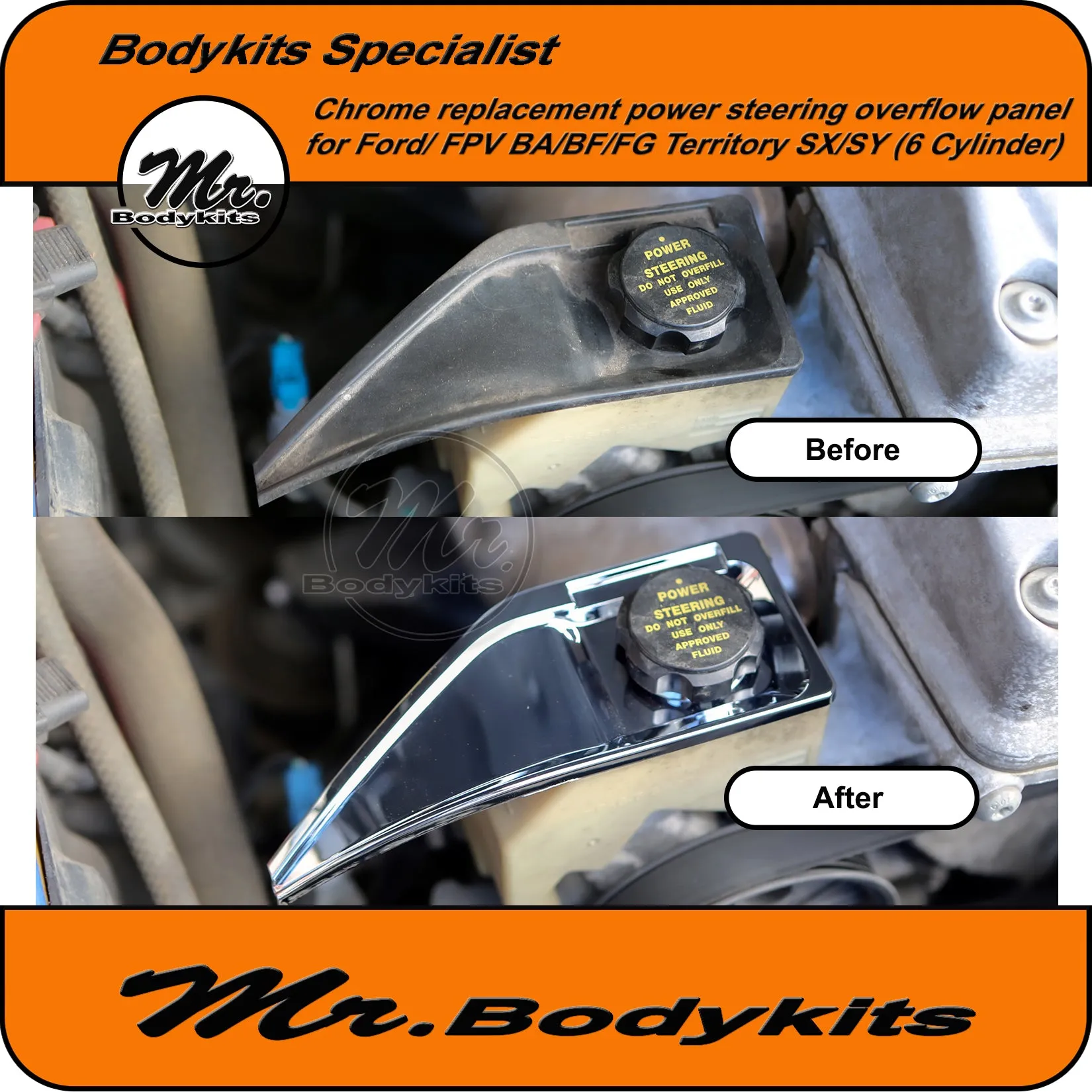 BA/BF/FG Falcon/FPV Territory SX/SY Chrome power steering fluid overflow panel (6 Cylinder)