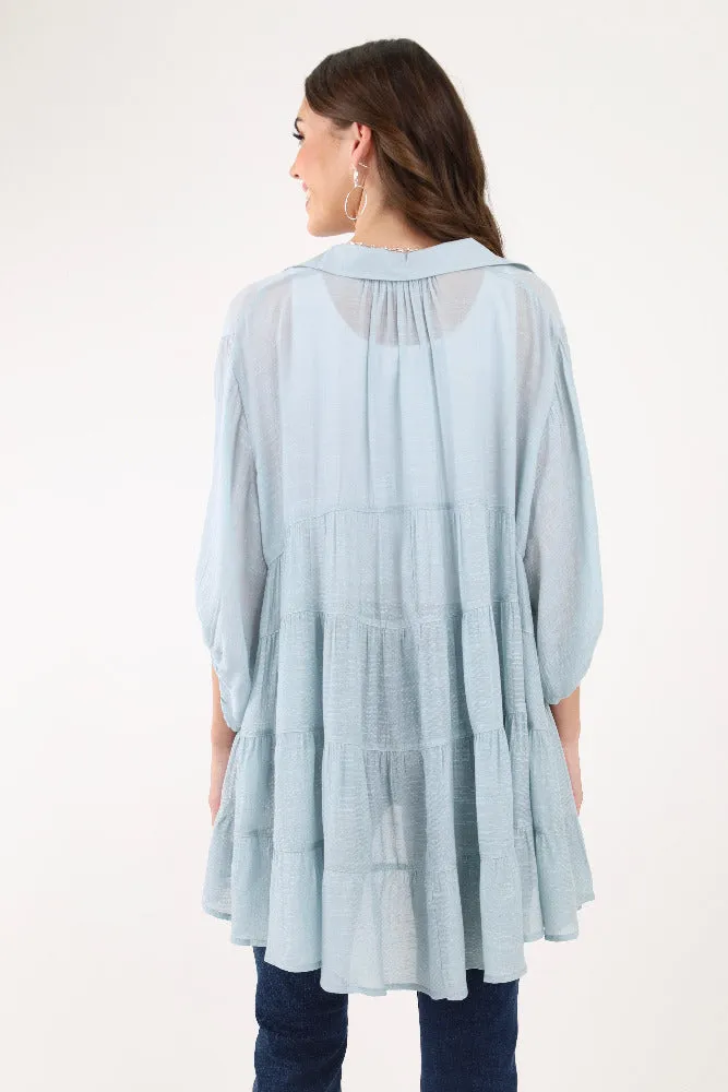Babydoll Flowy Button Up Top - Light Blue