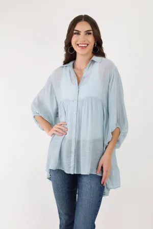 Babydoll Flowy Button Up Top - Light Blue