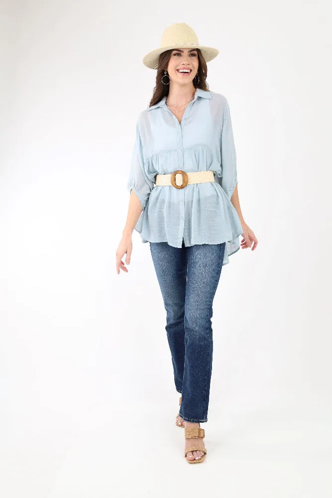 Babydoll Flowy Button Up Top - Light Blue