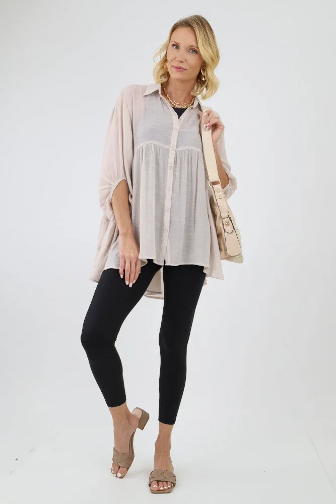 Babydoll Flowy Button Up Top - Tan