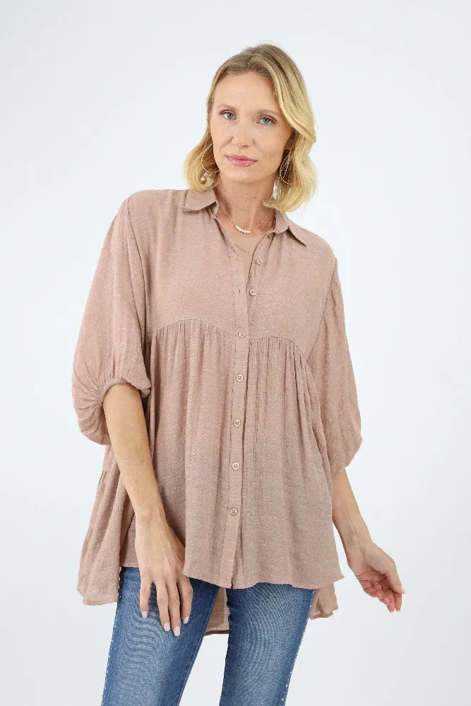 Babydoll Flowy Button Up Top - Tan