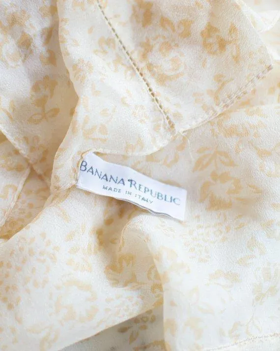Banana Republic Beige Floral Silk Scarf, Hand Rolled Edges, Yellow and Beige