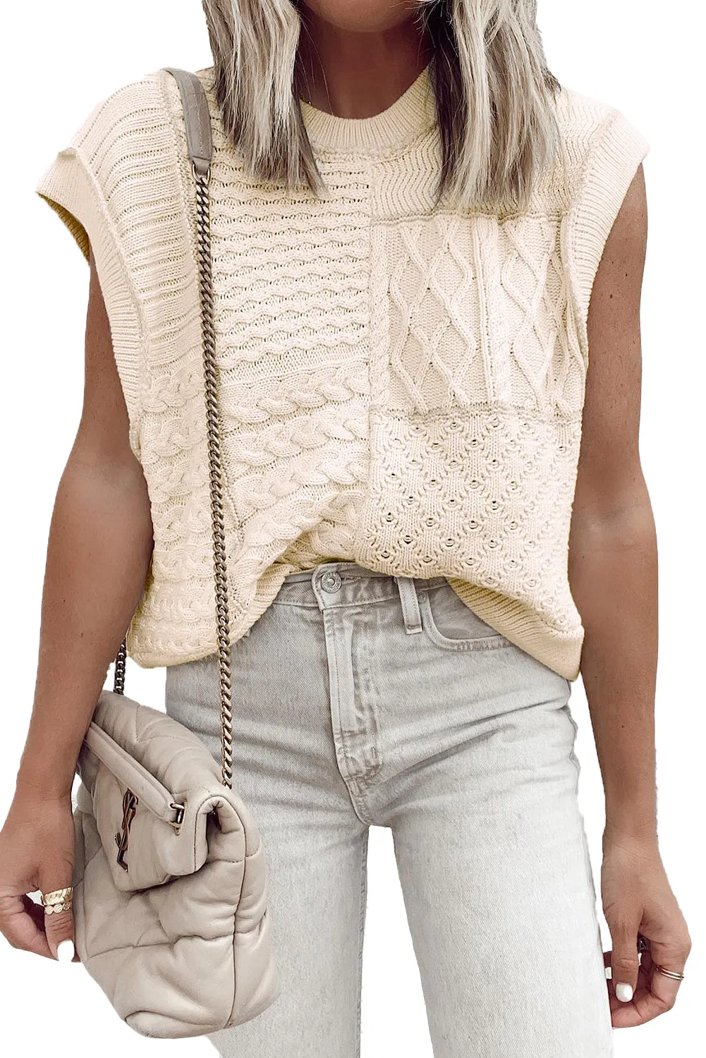 Beige Cable Knit Dolman Armholes Sweater Tank