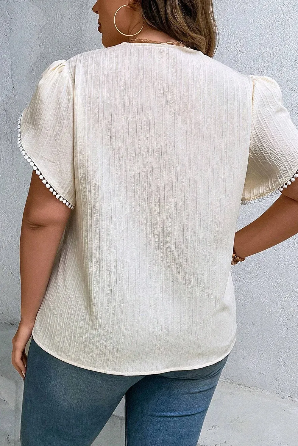 Beige Contrast Embroidered V Neck Wrap Sleeve Textured Plus Blouse