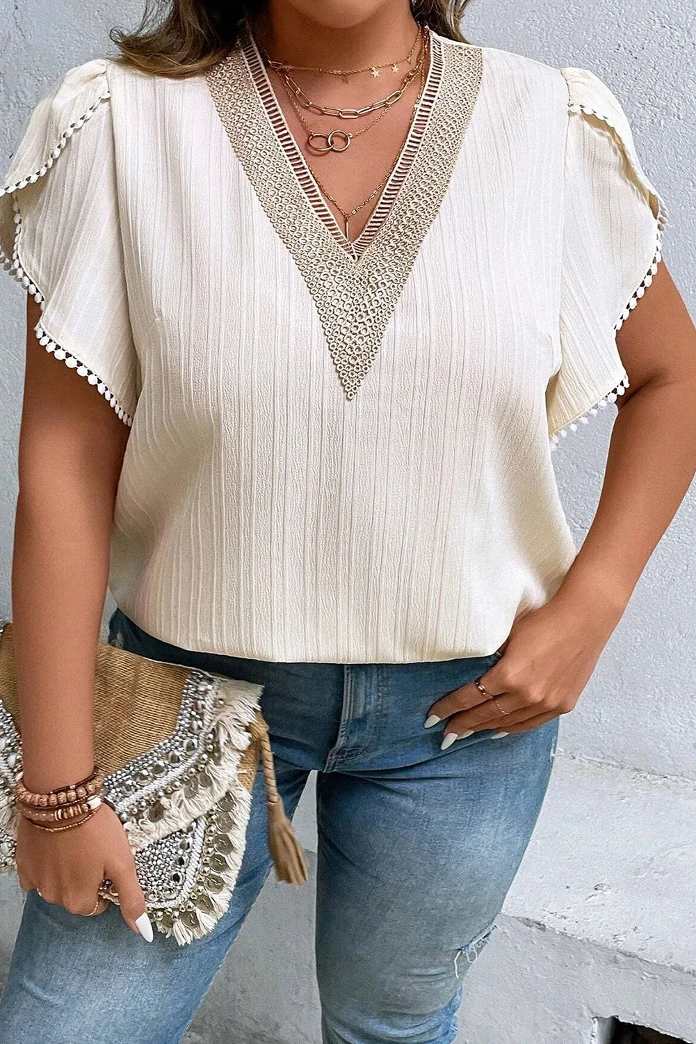 Beige Contrast Embroidered V Neck Wrap Sleeve Textured Plus Blouse