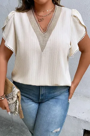 Beige Contrast Embroidered V Neck Wrap Sleeve Textured Plus Blouse