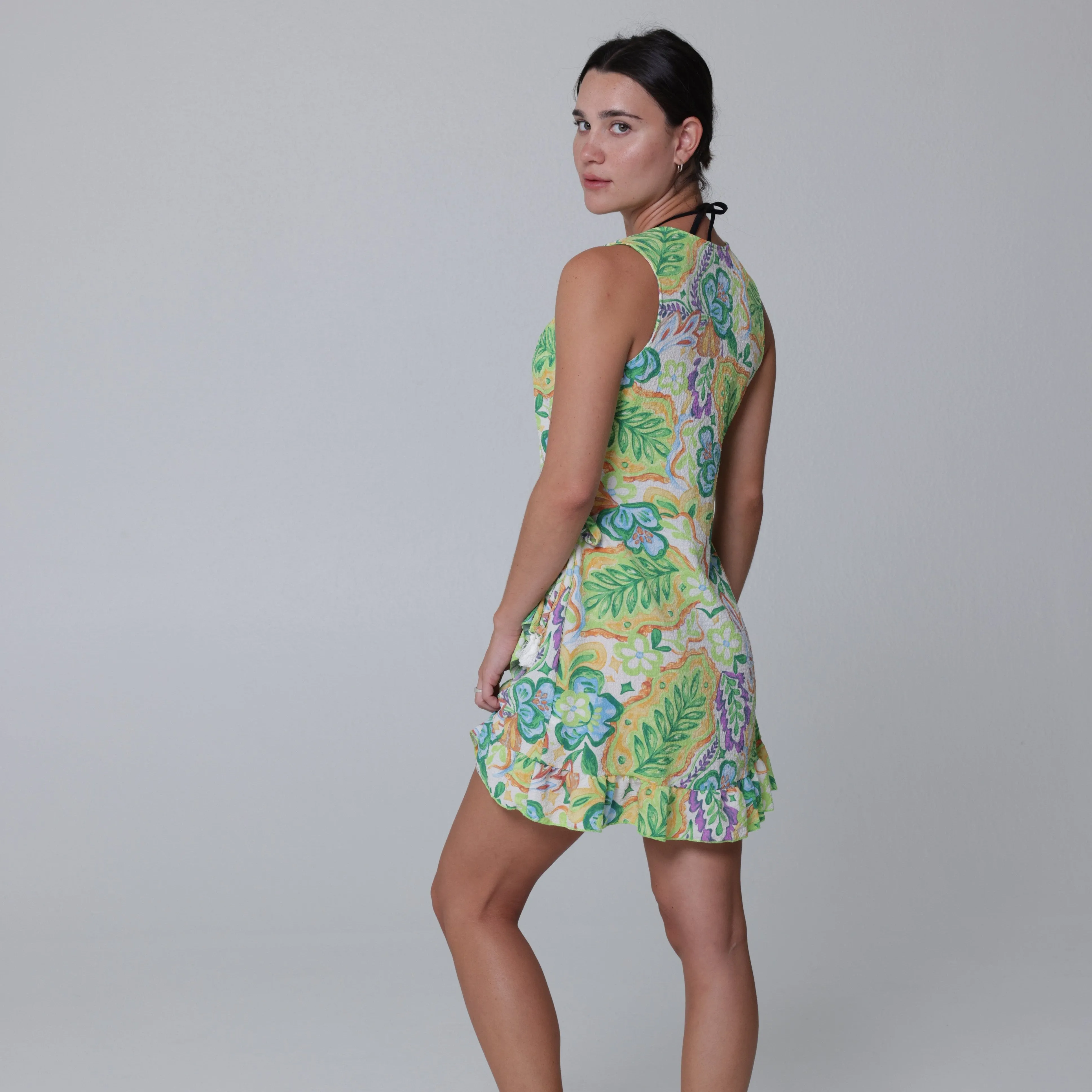 Belize Sleeveless Ruffle Hem Wrap Dress