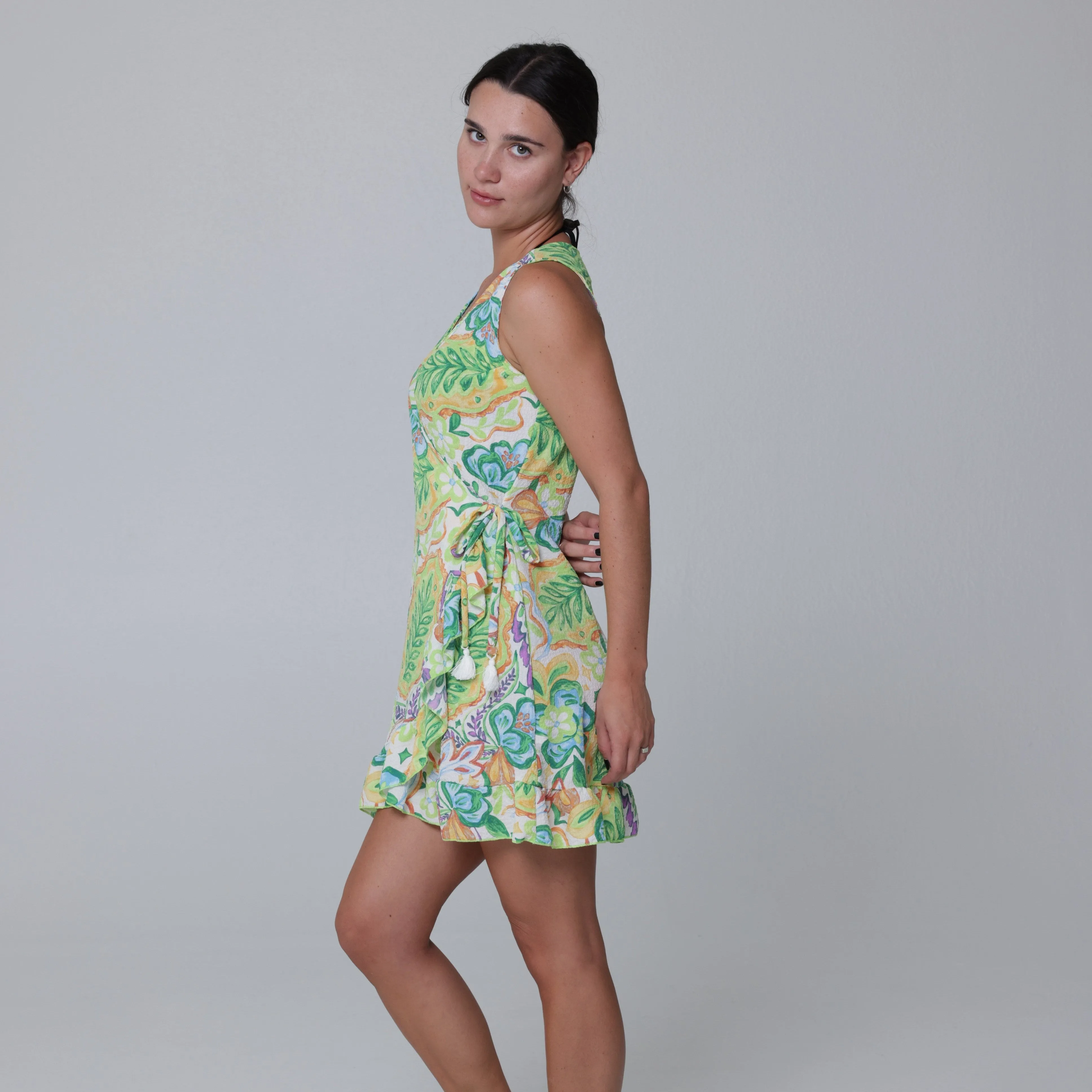 Belize Sleeveless Ruffle Hem Wrap Dress