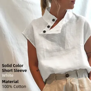 BerryBetty - New Stylish Tunic Tops Plus Size Women Short Sleeve Summer Blouses Buttons Solid Cotton Linen Tops Casual Loose Blusas Femme