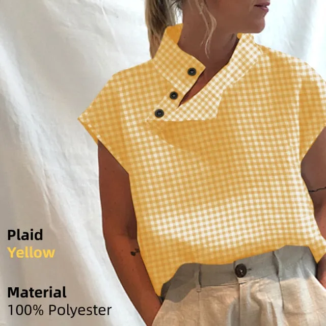 BerryBetty - New Stylish Tunic Tops Plus Size Women Short Sleeve Summer Blouses Buttons Solid Cotton Linen Tops Casual Loose Blusas Femme