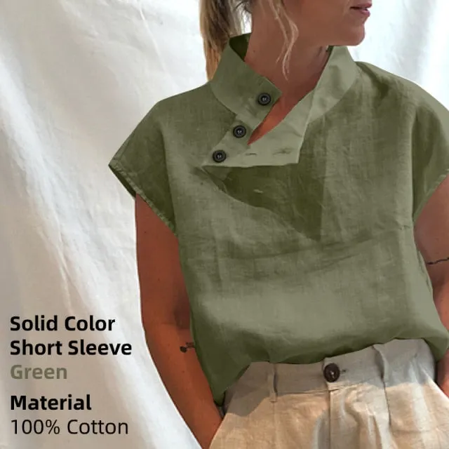 BerryBetty - New Stylish Tunic Tops Plus Size Women Short Sleeve Summer Blouses Buttons Solid Cotton Linen Tops Casual Loose Blusas Femme