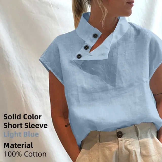 BerryBetty - New Stylish Tunic Tops Plus Size Women Short Sleeve Summer Blouses Buttons Solid Cotton Linen Tops Casual Loose Blusas Femme