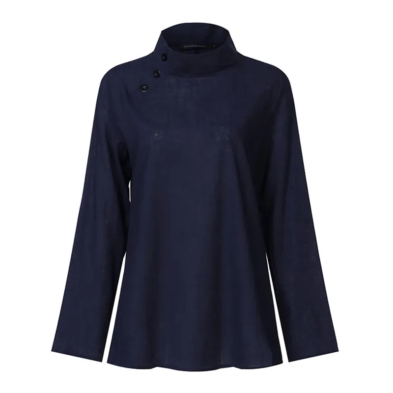 BerryBetty - New Stylish Tunic Tops Plus Size Women Short Sleeve Summer Blouses Buttons Solid Cotton Linen Tops Casual Loose Blusas Femme