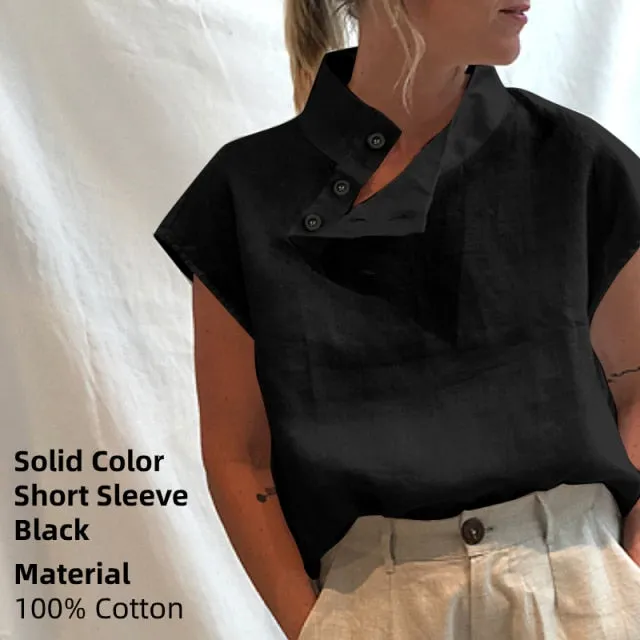 BerryBetty - New Stylish Tunic Tops Plus Size Women Short Sleeve Summer Blouses Buttons Solid Cotton Linen Tops Casual Loose Blusas Femme