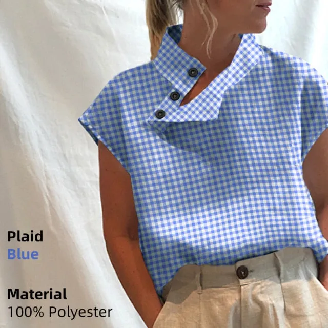 BerryBetty - New Stylish Tunic Tops Plus Size Women Short Sleeve Summer Blouses Buttons Solid Cotton Linen Tops Casual Loose Blusas Femme