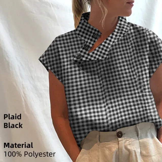 BerryBetty - New Stylish Tunic Tops Plus Size Women Short Sleeve Summer Blouses Buttons Solid Cotton Linen Tops Casual Loose Blusas Femme