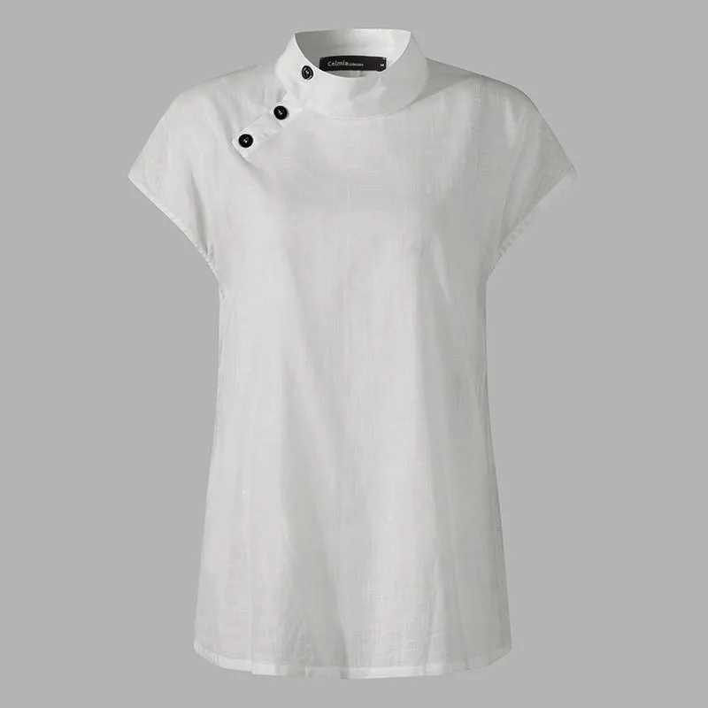 BerryBetty - New Stylish Tunic Tops Plus Size Women Short Sleeve Summer Blouses Buttons Solid Cotton Linen Tops Casual Loose Blusas Femme